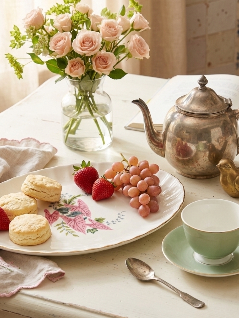 Vintage platter flowers W.S. George Pink Vine Print Caladiums Gold Trim